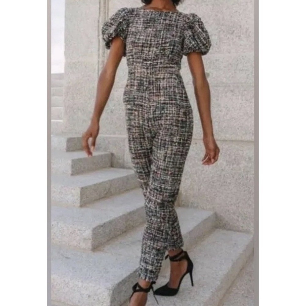 IVY CITY Roxy Textured Tweed Jumpsuit Puff Sleeve Cropped Leg Womens Size S‎